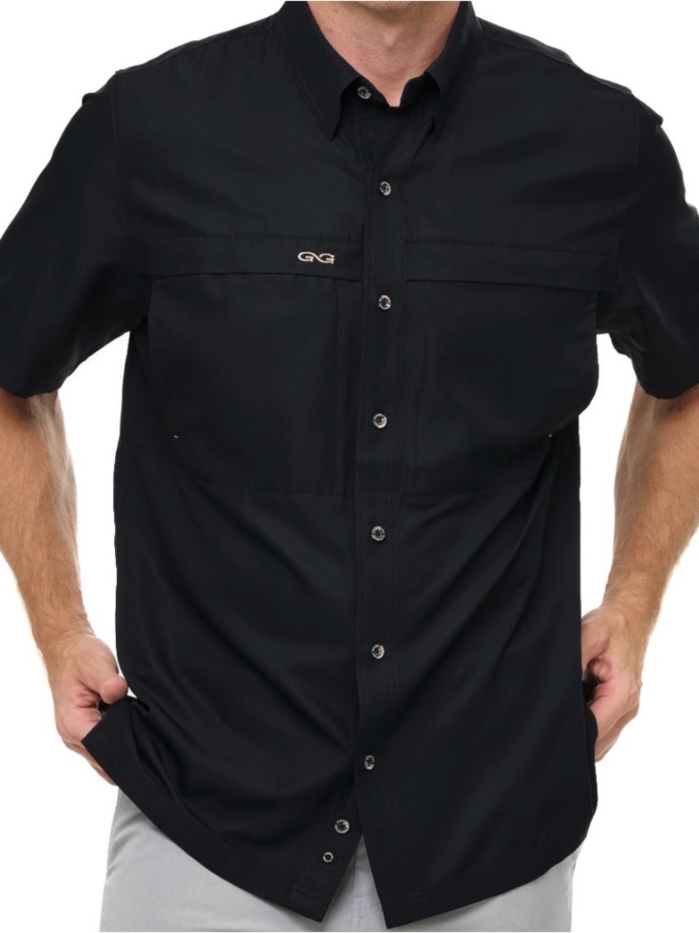 Game Guard Black Short-Sleeve Button Down Shirt with Logo GG